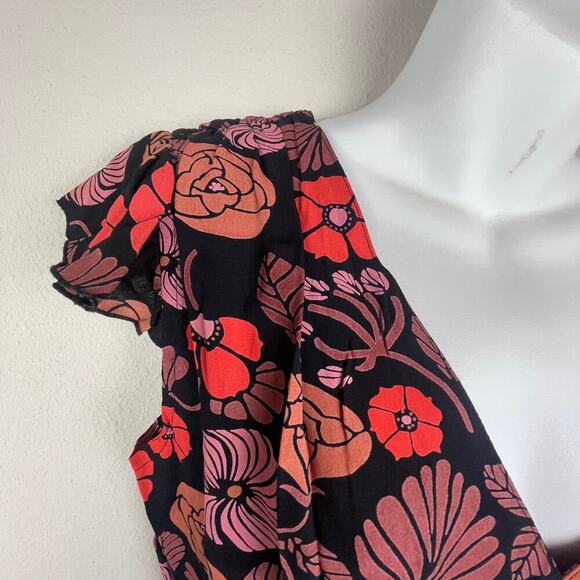Corey Lynn Calter Floral Midi Black Pink Dress Size 6 Short Flutter Sleeves - Picture 3 of 7